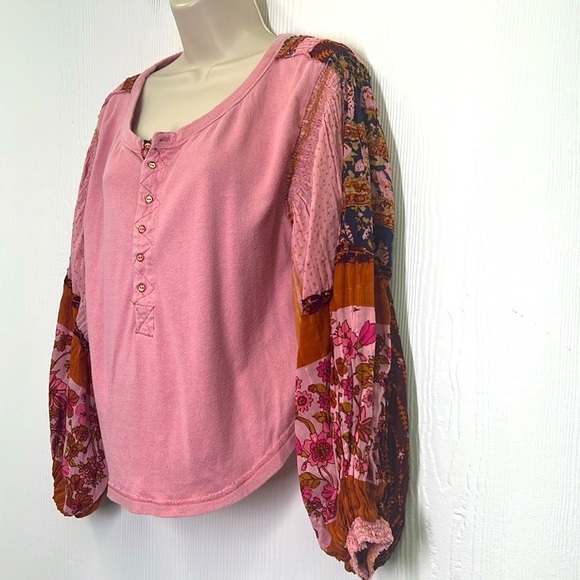 Free People - Light Magic Boho Pink Vintage Button  Henley Blouse Size Medium - Picture 7 of 14